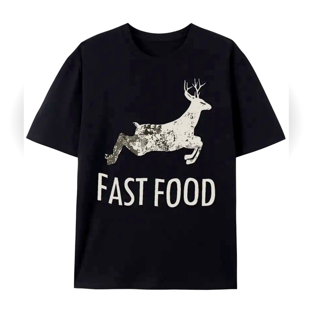 Men’s Tee Shirt Black Deer Graphic Fast Food XL Lettering Unisex